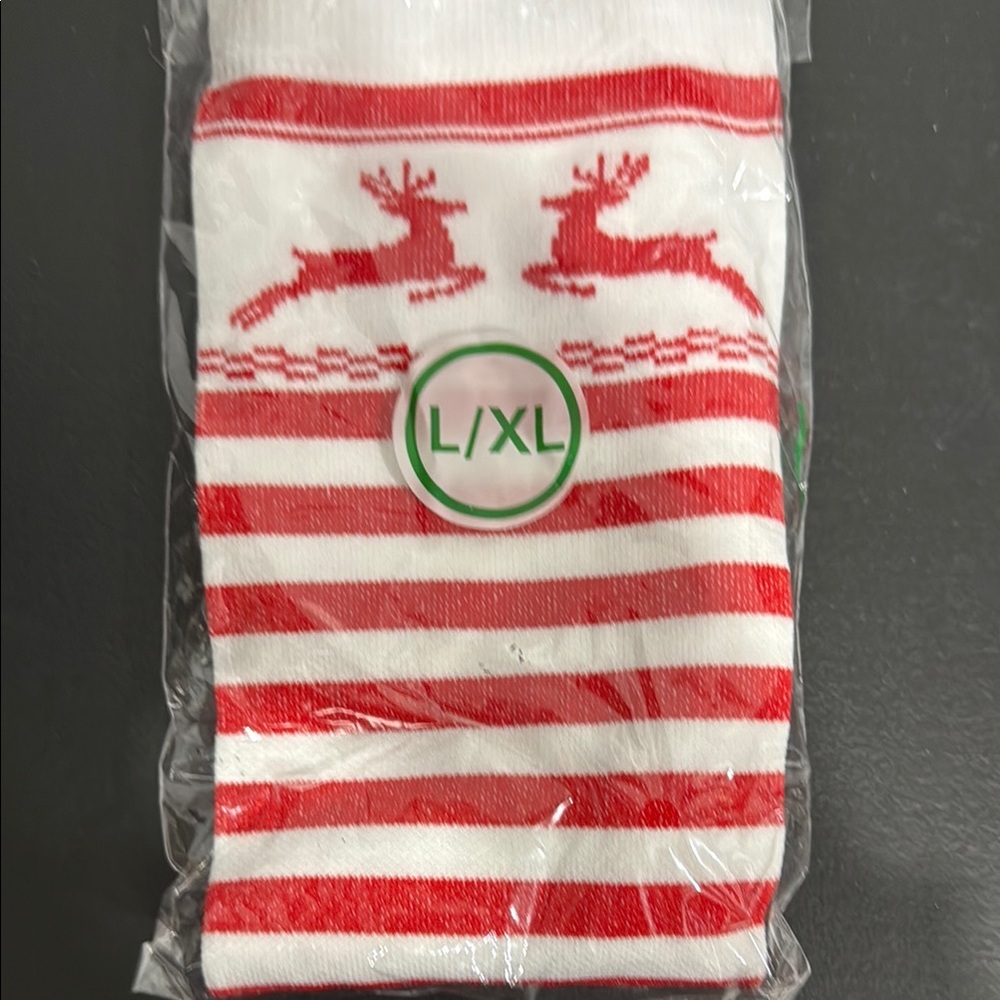 Red and White Reindeer Striped Socks L/XL